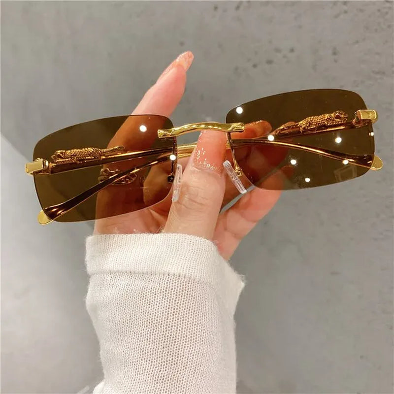 Vintage Sunglasses Rimless Cut Edge Sunglasses Fashion Designer Shades Luxury Golden Leopard Frame Sunglasses UV400